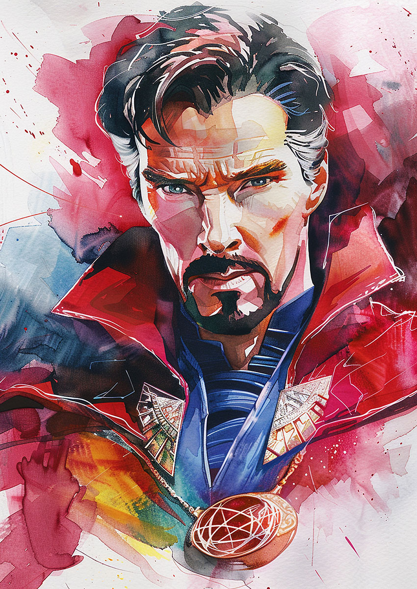 Vibrant artwork of a Doctor Strange style character with dramatic colours and brushstrokes.
